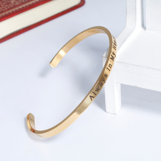 Immagine di 304 Acciaio Inossidabile Positive Energie Aprire Braccialetti Oro Placcato Lettere " Always In My Heart " lunghezza: 17cm, 1 Pz