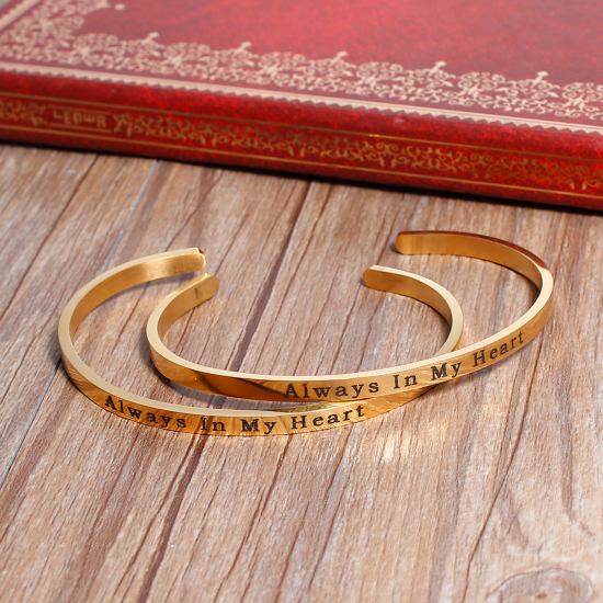 Immagine di 304 Acciaio Inossidabile Positive Energie Aprire Braccialetti Oro Placcato Lettere " Always In My Heart " lunghezza: 17cm, 1 Pz
