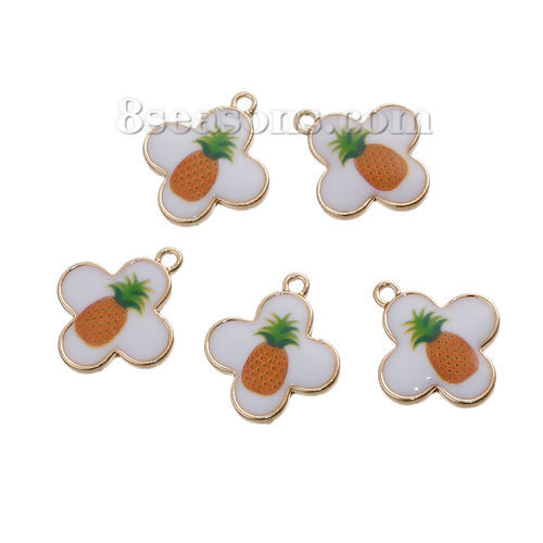 Image de Breloque en Alliage de Zinc Ananas Croix Doré Blanc & Jaune 20mm x 17mm, 5 Pcs