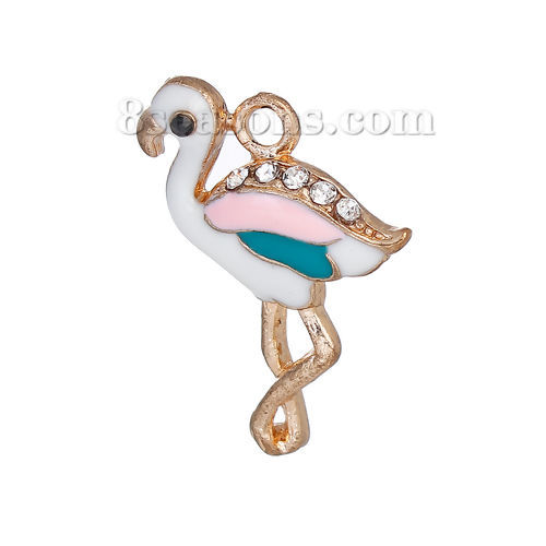 Imagen de Zamak Colgantes Charms Flamenco Chapado en Oro Blanco & Rosa Transparente Rhinestone Esmalte 26mm x 18mm, 5 Unidades