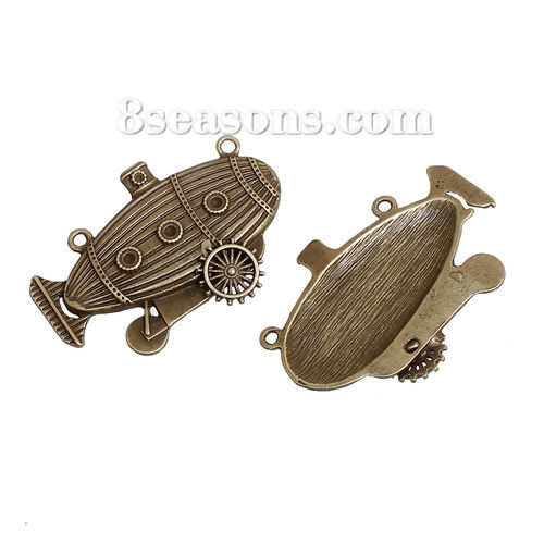 Bild von Zinklegierung Steampunk Verbinder Schiff Bronzefarbe mit Zahnrad Muster 49mm x 33mm, 2 Stück