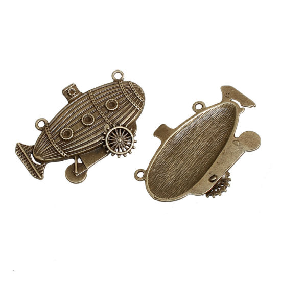 Bild von Zinklegierung Steampunk Verbinder Schiff Bronzefarbe mit Zahnrad Muster 49mm x 33mm, 2 Stück