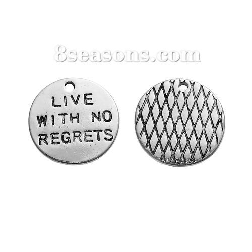 Immagine di Lega di Zinco Charms Tondo Argento Antico Messaggio " LIVE WITH NO REGRETS " 14mm Dia, 20 Pz