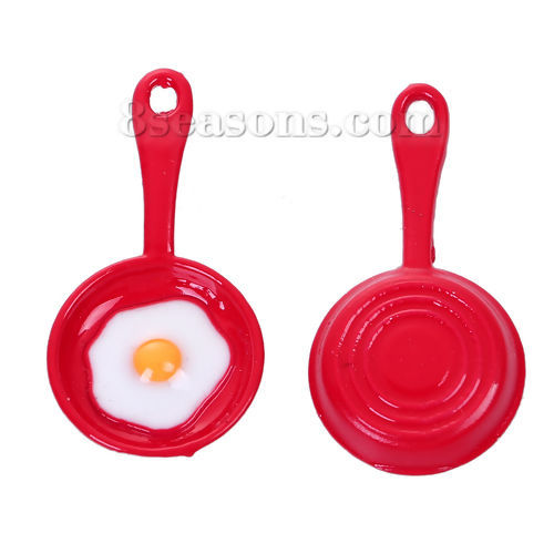 Picture of Zinc Based Alloy Charms Pot White Red Poached Egg Painting 28mm(1 1/8") x 15mm( 5/8"), 10 PCs