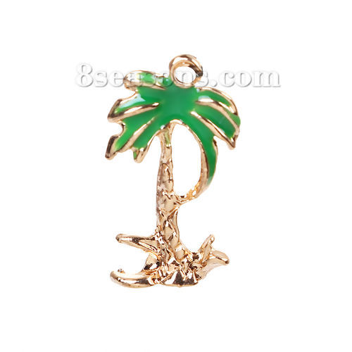 Picture of Zinc Based Alloy Charms Coconut Tree Gold Plated Green Enamel 17mm( 5/8") x 9mm( 3/8"), 20 PCs