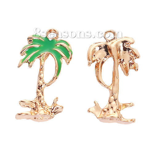 Picture of Zinc Based Alloy Charms Coconut Tree Gold Plated Green Enamel 17mm( 5/8") x 9mm( 3/8"), 20 PCs
