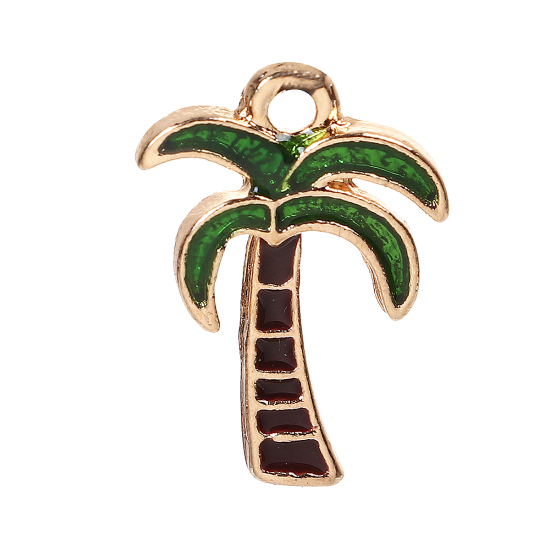 Picture of Zinc Based Alloy Charms Coconut Tree Gold Plated Green Enamel 18mm( 6/8") x 13mm( 4/8"), 10 PCs