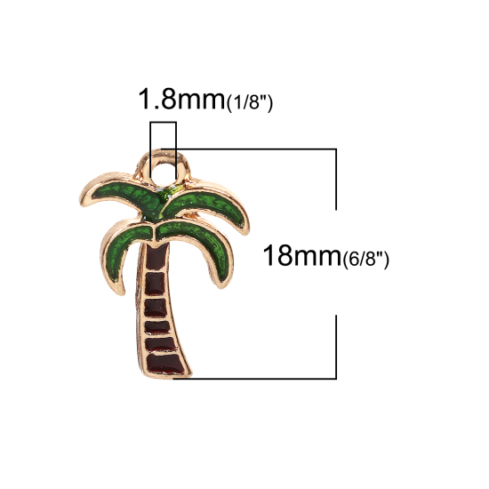 Picture of Zinc Based Alloy Charms Coconut Tree Gold Plated Green Enamel 18mm( 6/8") x 13mm( 4/8"), 10 PCs