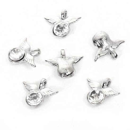 Bild von 20 Stück Zinklegierung Charms Silberfarbe Flügel Transparent Strass 18mm x 16mm