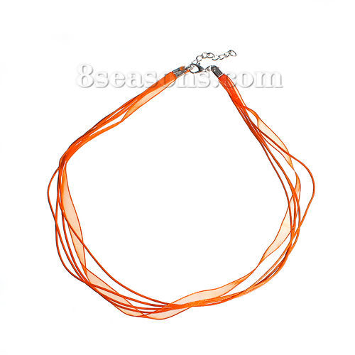 Picture of Organza Ribbon & Wax Cord String Necklace Orange 45cm(17 6/8") long, 10 PCs