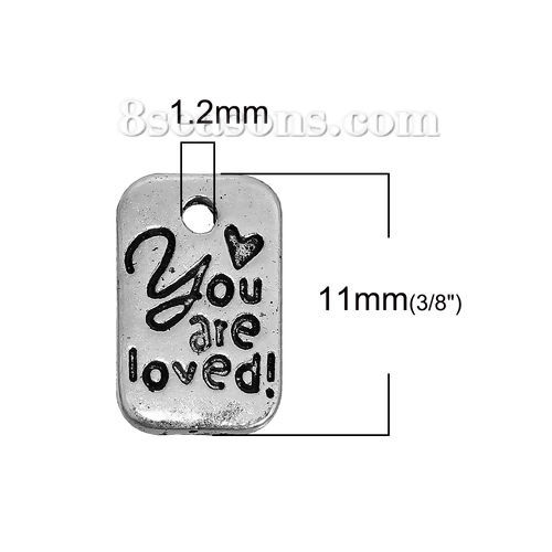 Picture of Zinc Based Alloy Charms Rectangle Antique Silver Color Message " You Are Loved " 11mm( 3/8") x 7mm( 2/8"), 50 PCs