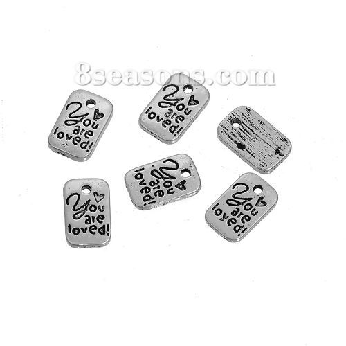 Picture of Zinc Based Alloy Charms Rectangle Antique Silver Color Message " You Are Loved " 11mm( 3/8") x 7mm( 2/8"), 50 PCs
