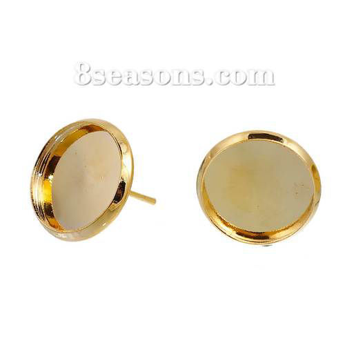 Picture of Brass Ear Post Stud Earrings Findings Round Gold Plated Cabochon Settings (Fit 12mm Dia.) 14mm( 4/8") x 13mm( 4/8"), Post/ Wire Size: (21 gauge), 10 PCs                                                                                                      