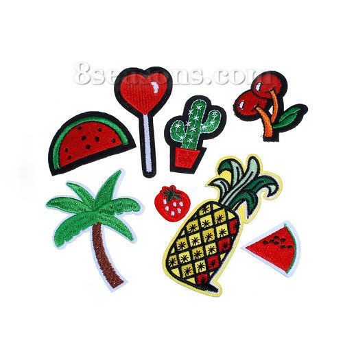 Picture of Fabric Iron On Embroidered Patches (With Glue Back) At Random Mixed Fruit Cactus 8.6cm x4cm(3 3/8" x1 5/8") - 25mm x20mm(1" x 6/8"), 1 Set (Approx 8 PCs/Set)