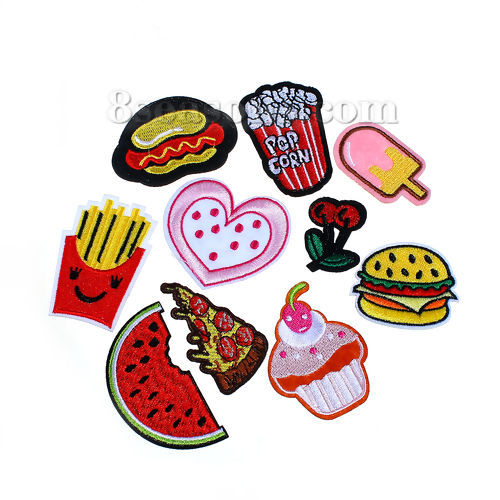 Picture of Fabric Iron On Embroidered Patches (With Glue Back) At Random Mixed Fruit Food 7cm x4cm(2 6/8" x1 5/8") - 4cm x2.8cm(1 5/8" x1 1/8"), 1 Set (Approx 10 PCs/Set)