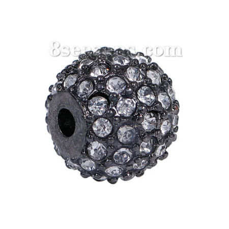 Zinc Based Alloy Beads Round Gunmetal Clear Rhinestone About 11mm Dia, Hole: Approx 2.4mm, 1 Piece
