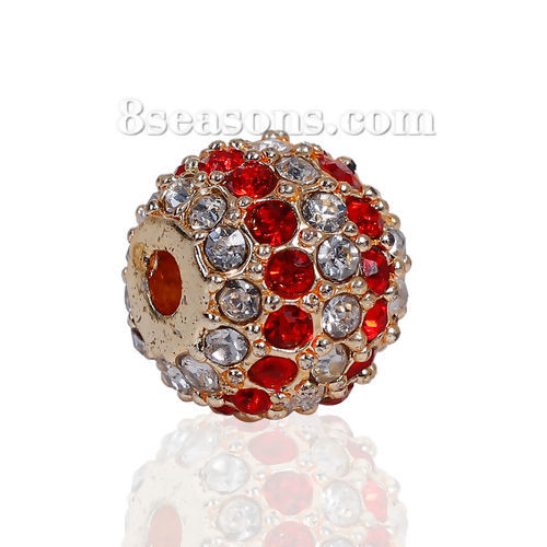 Picture of Zinc Based Alloy Beads Round Light Gold Red Rhinestone About 11mm Dia, Hole: Approx 2.4mm, 1 Piece