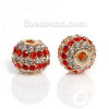 Picture of Zinc Based Alloy Beads Round Light Gold Red Rhinestone About 11mm Dia, Hole: Approx 2.4mm, 1 Piece