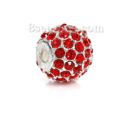 Zinc Based Alloy Beads Round Silver Plated Red Rhinestone About 11mm Dia, Hole: Approx 2.4mm, 1 Piece