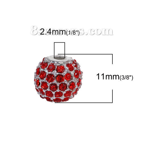Image de Perles en Alliage de Zinc Forme Rond Argenté avec Strass Rouge, Diamètre: 11mm, Tailles de Trous: 2.4mm, 1 Pièce