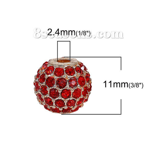 Picture of Zinc Based Alloy Beads Round Gold Plated Red Rhinestone About 11mm Dia, Hole: Approx 2.4mm, 1 Piece