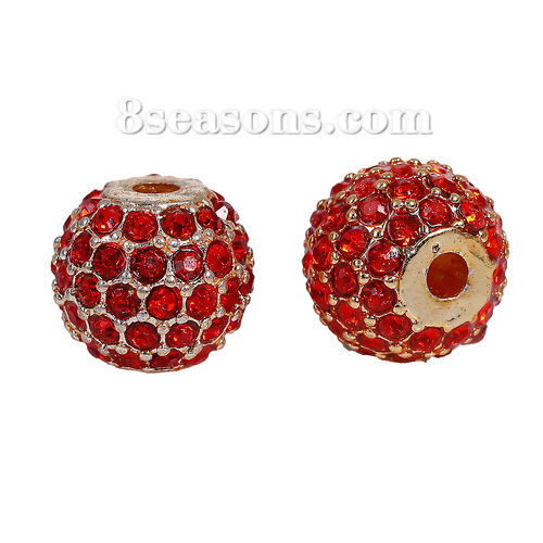 Picture of Zinc Based Alloy Beads Round Gold Plated Red Rhinestone About 11mm Dia, Hole: Approx 2.4mm, 1 Piece