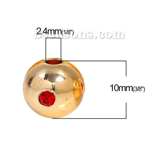 Imagen de Acero Inoxidable Cuentas Bola Chapado en Oro Rojo Rhinestone Aprox 10mm Dia, Agujero: Aprox 2.4mm, 1 Unidad