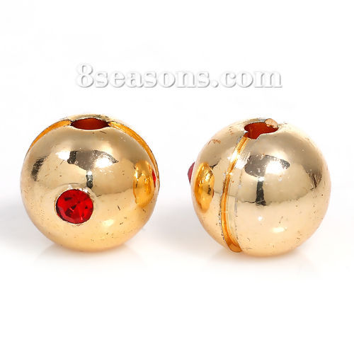 Imagen de Acero Inoxidable Cuentas Bola Chapado en Oro Rojo Rhinestone Aprox 10mm Dia, Agujero: Aprox 2.4mm, 1 Unidad