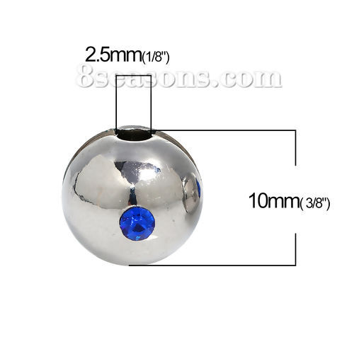 Imagen de Acero Inoxidable Cuentas Bola Tono de Plata Azul Marino Rhinestone Aprox 10mm Dia, Agujero: Aprox 2.5mm, 1 Unidad