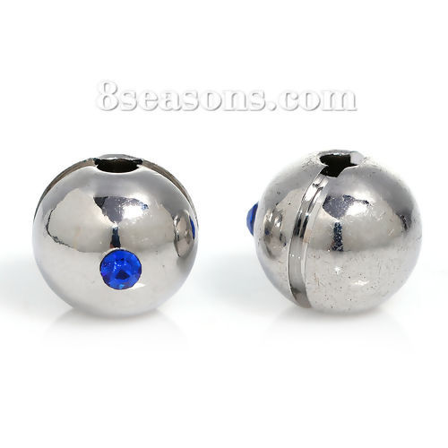 Imagen de Acero Inoxidable Cuentas Bola Tono de Plata Azul Marino Rhinestone Aprox 10mm Dia, Agujero: Aprox 2.5mm, 1 Unidad