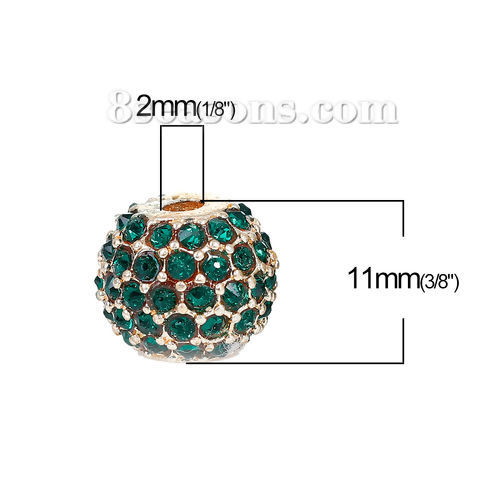 Picture of Zinc Based Alloy Beads Round Gold Plated Green Rhinestone About 11mm Dia, Hole: Approx 2.4mm, 1 Piece