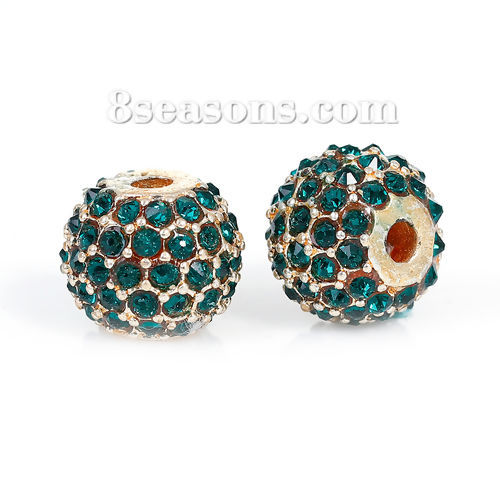 Picture of Zinc Based Alloy Beads Round Gold Plated Green Rhinestone About 11mm Dia, Hole: Approx 2.4mm, 1 Piece