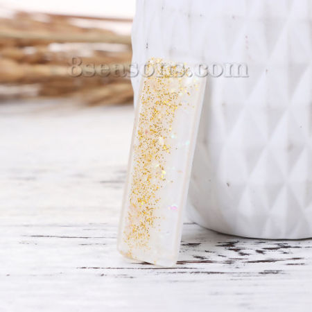 Picture of Resin & Natural Shell Mosaic Dome Seals Cabochon Rectangle White Glitter 45mm(1 6/8") x 16mm( 5/8"), 10 PCs