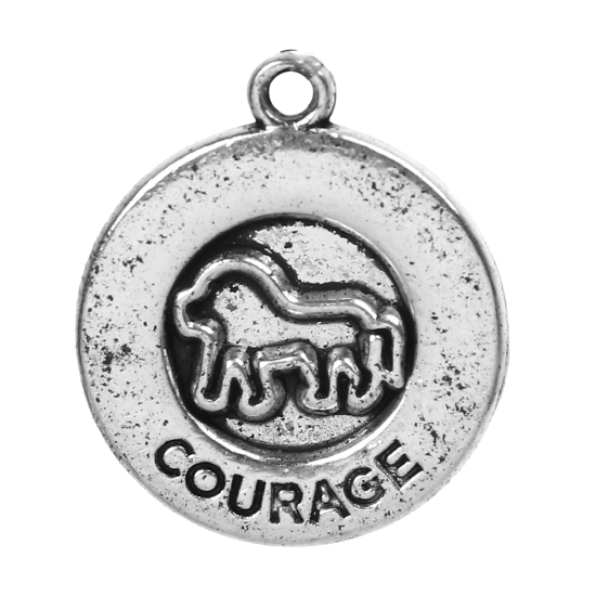 Immagine di Lega di Zinco Charms Tondo Argento Antico Cane Messaggio " COURAGE " 20mm x 17mm , 30 Pz