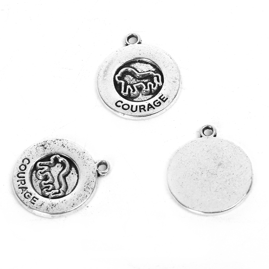 Immagine di Lega di Zinco Charms Tondo Argento Antico Cane Messaggio " COURAGE " 20mm x 17mm , 30 Pz