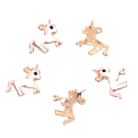 Zinc Based Alloy Charms Horse Gold Plated White & Pink Enamel 16mm( 5/8") x 14mm( 4/8"), 10 PCs