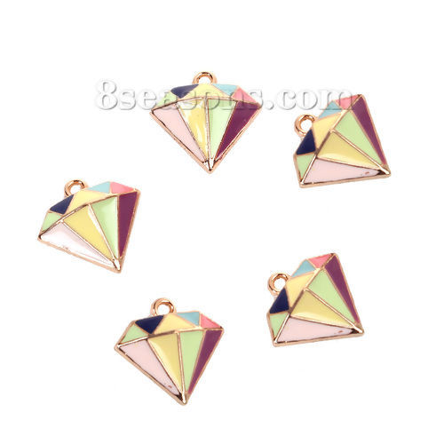 Picture of Zinc Based Alloy Mosaic Charms Diamond Shape Gold Plated Multicolor Enamel 16mm( 5/8") x 16mm( 5/8"), 10 PCs