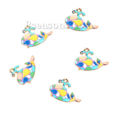 Picture of Zinc Based Alloy Mosaic Charms Whale Animal Gold Plated Multicolor Enamel 24mm(1") x 18mm( 6/8"), 10 PCs