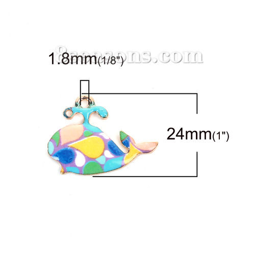 Picture of Zinc Based Alloy Mosaic Charms Whale Animal Gold Plated Multicolor Enamel 24mm(1") x 18mm( 6/8"), 10 PCs