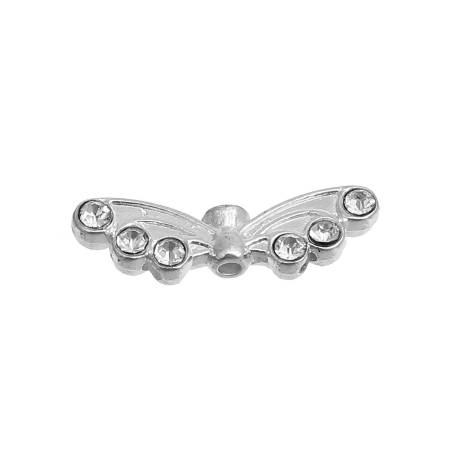 Bild von Zinklegierung Zwischenperlen Spacer Perlen Flügel Versilbert Transparent Strass 22mm x 7mm, Loch:ca. 1.4mm, 10 Stück