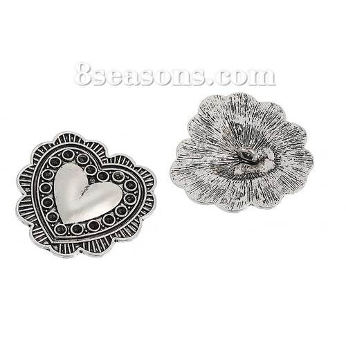 Picture of Zinc Based Alloy Metal Sewing Buttons Heart Antique Silver Color (Can Hold ss12 Pointed Back Rhinestone) 40mm(1 5/8") x 39mm(1 4/8"), 2 PCs