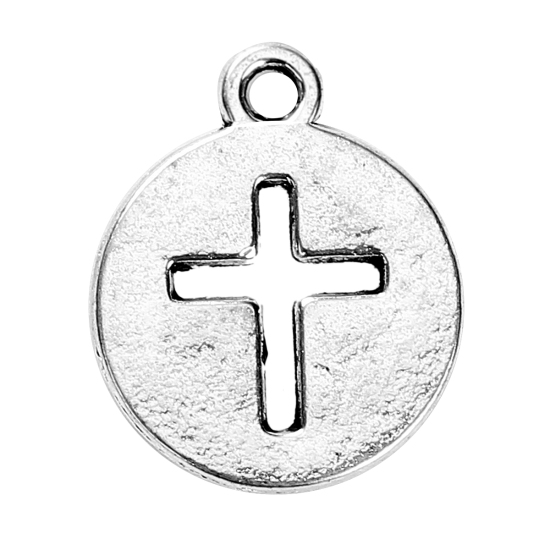 Image de Breloque Ciselé en Alliage de Zinc Rond Croix Argent Vieilli 17mm x 14mm, 50 Pcs