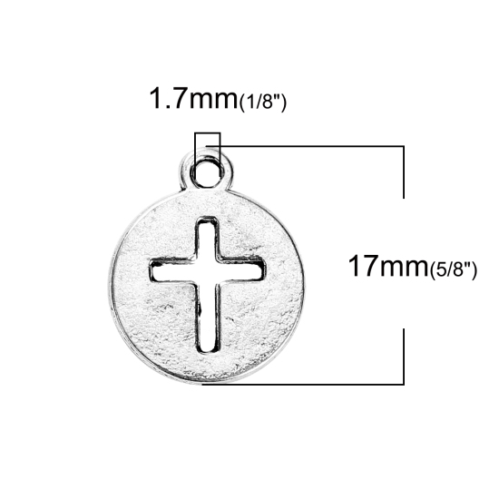 Image de Breloque Ciselé en Alliage de Zinc Rond Croix Argent Vieilli 17mm x 14mm, 50 Pcs