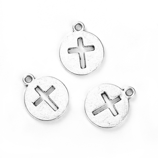 Image de Breloque Ciselé en Alliage de Zinc Rond Croix Argent Vieilli 17mm x 14mm, 50 Pcs
