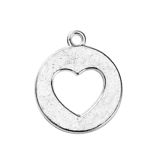 Image de Breloque Ciselé en Alliage de Zinc Rond Cœur Argenté 17mm x 14mm, 50 Pcs