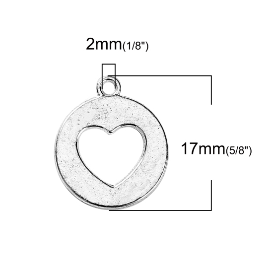 Image de Breloque Ciselé en Alliage de Zinc Rond Cœur Argenté 17mm x 14mm, 50 Pcs