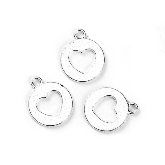 Image de Breloque Ciselé en Alliage de Zinc Rond Cœur Argenté 17mm x 14mm, 50 Pcs