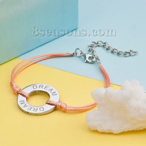 Immagine di 304 Acciaio Inossidabile Ispirare Braccialetti Tono Argento Arancione Anello Lettere " Dream " lunghezza: 15.5cm, 1 Pz