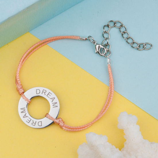 Immagine di 304 Acciaio Inossidabile Ispirare Braccialetti Tono Argento Arancione Anello Lettere " Dream " lunghezza: 15.5cm, 1 Pz