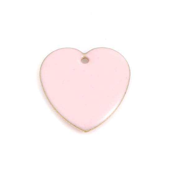 Picture of Brass Enamelled Sequins Charms Heart Unplated Pink Enamel 16mm x16mm( 5/8" x 5/8"), 10 PCs                                                                                                                                                                    